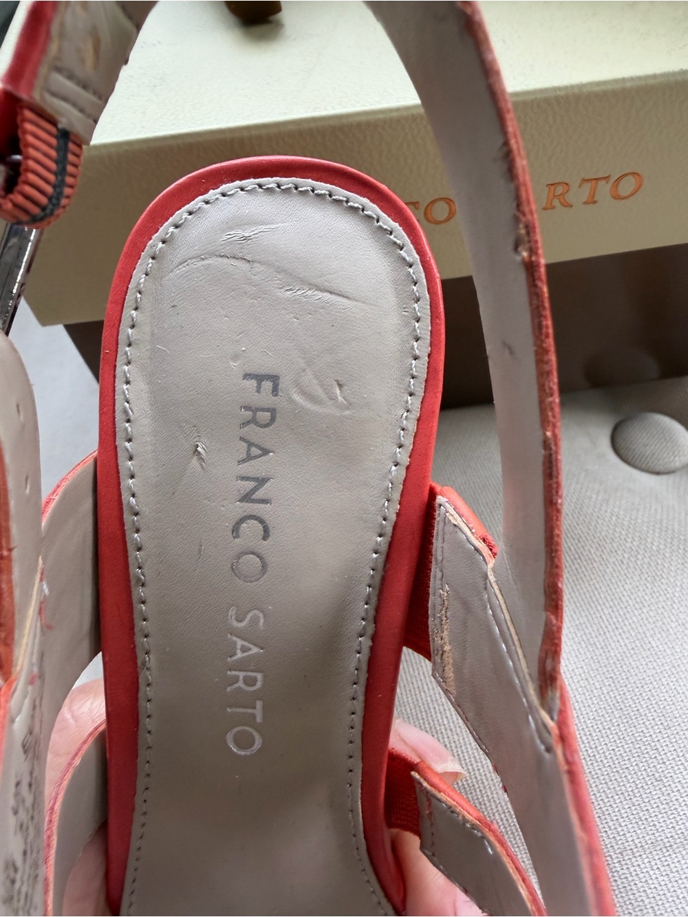 Franco Sarto Orange-Red Strappy Buckle Heels - Picture 5 of 7